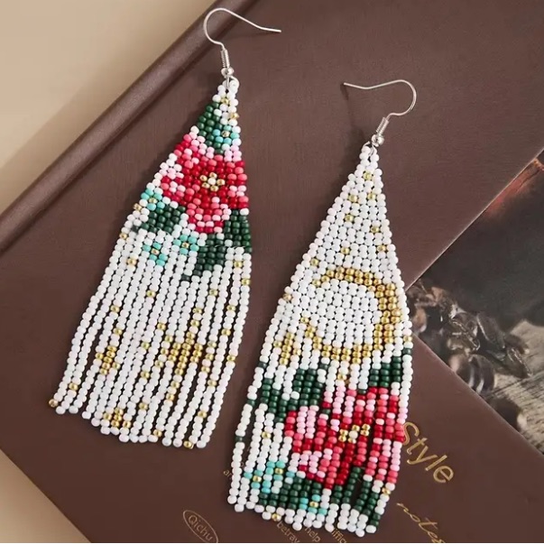 Pink Floral Boho Seed Bead Fringe Earrings 38$